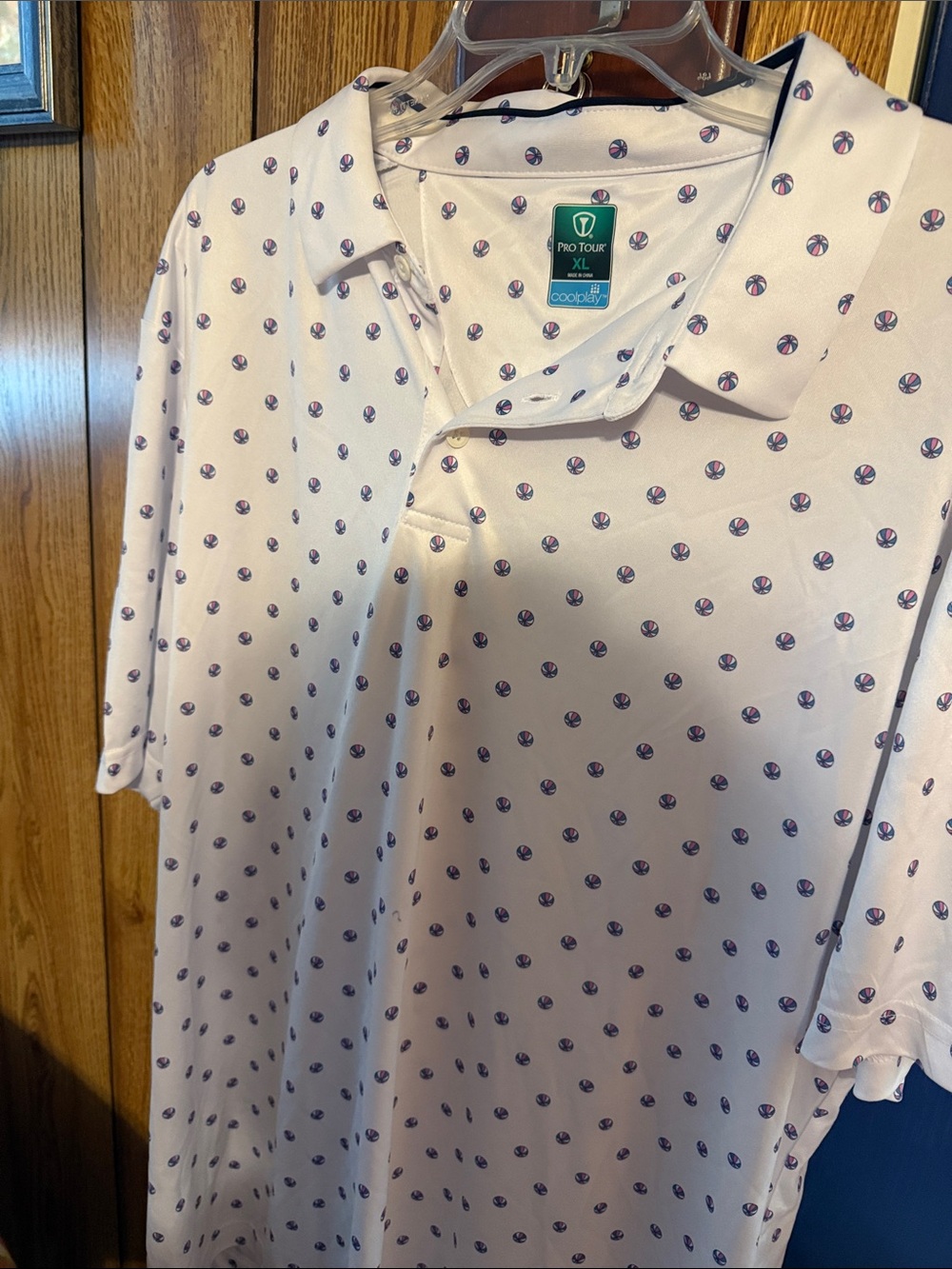 Women’s White Polo with Navy and Pink Dot Print